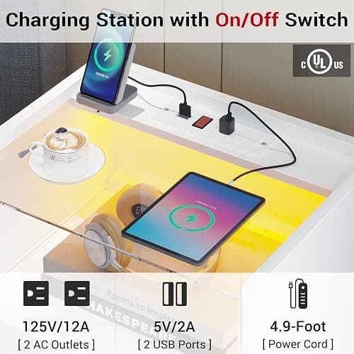 AOGLLATI LED Nightstand with Charging Station, Night Stand with Pull-Out Tray, 2 Drawers, Bedside Table with LED Lights, Modern End Table with USB Ports Outlets, White thumbnail 6