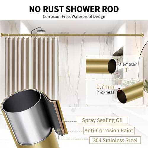 ZYRW Gold Shower Curtain Rod 36-98 Inches (3-8.2ft) Non Rust Adjustable Shower Rod Spring Tension Non Slip No Drilling Stainless Steel Shower Rods for Bathroom Window thumbnail 4