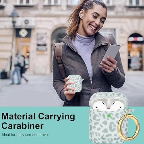 Leopard Silicone Compatible with Airpods Case, Gawnock Soft Cover Flexible Compatible with Airpods 2nd/1st Generation Floral Print Cover for Women Girls with Keychain - Light Green Leopard Cheetah thumbnail 6