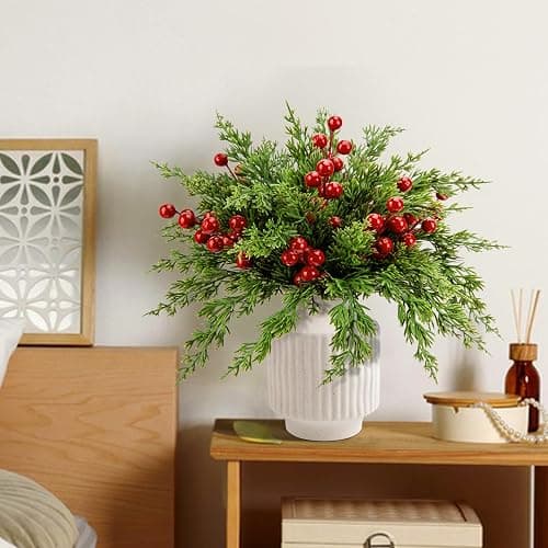 Watayo 45 Pcs Christmas Artificial Pine Branches with Red Berry Stems, 10.5" Faux Evergreen Norfolk Pine Cypress Leaves Stems, Fake Foliage Pine Needles Picks for DIY Craft Garland Home Decor thumbnail 7