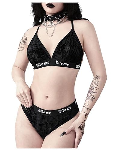 COZYEASE Women's 2 Piece Lingerie Sets Goth Velvet Floral Bra and Panty Set | Wireless Underwear, Goth Panties, Goth Bikini Set, Y2k, Sexy Bra and Panty Sets, Lingerie for Women - Image 1