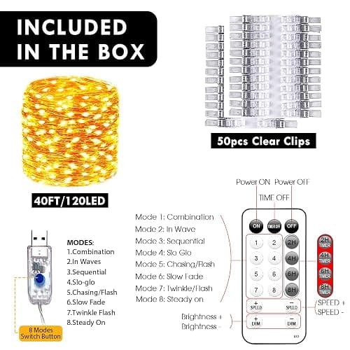 Photo Clips String Lights for Decor: USB Powered 40Ft 120LED 50 Clear Clips - Waterproof/8 Modes/Remote/Timer Fairy Light for Girls Bedroom Dorm Picture Hanging - Christmas Party Wedding Decorations - Warm White - 8 Modes USB Powered-120LED thumbnail 2