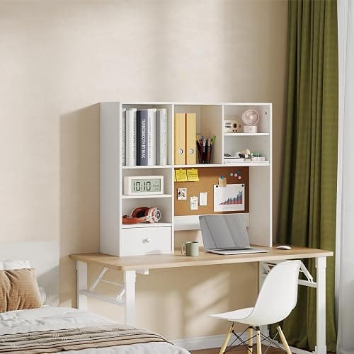 ELUREVIA White Desk Hutch with Cork Board for Photos and Reminders, Dorm Desk Hutch with Drawers and Shelves, Desktop Bookshelf for College Dorm, Student Bedroom, Compact Study Spaces thumbnail 7