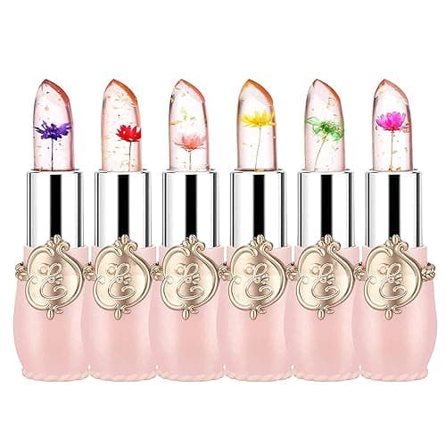 firstfly Pack of 6 Crystal Flower Jelly Lipstick, Long Lasting Nutritious Lip Balm Lips Moisturizer Magic Temperature Color Change Lip Gloss (Pink) - Pink
