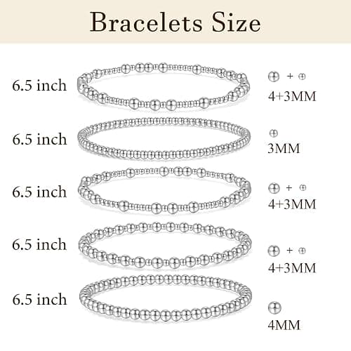 Badu Silver Beaded Bracelets for Women no tarnish Silver plated Stackable Bead Ball Bracelet Stretchable Elastic Hypoallergenic Trendy thumbnail 2