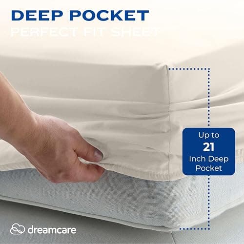 DREAMCARE King Size Sheets Set – 4 pcs Cooling Sheets – up to 21” Deep Pocket King Sheet Set – Hotel Luxury Sheets & Pillowcases – Superior Softness 100% Fine Microfiber with Side Pocket – Ivory thumbnail 3