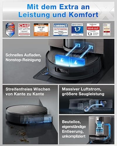 ECOVACS X11 OMNICYCLONE Saugroboter mit Wischfunktion, Blast + 19.500 Pa, ultraschnelles Akkuladen, OZMO Roller 2.0, Klettern max. 4 cm Höhe, Ausfahrender Wischmopp, PureCyclone 2.0 Auto-Entleerung thumbnail 2