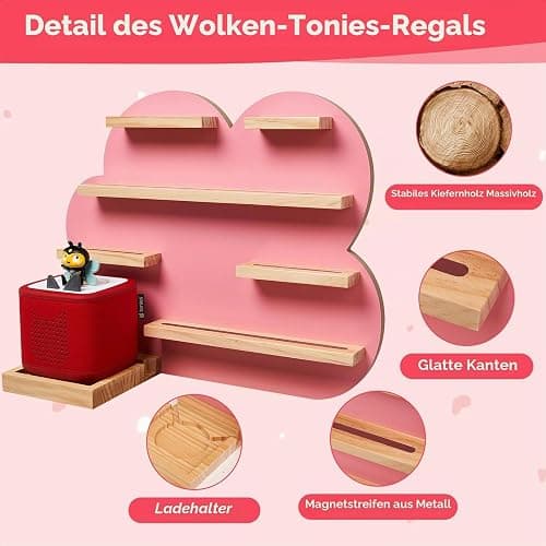 Gieanoo Large Cloud for Tonie Shelf, Wall Shelf for Toniebox 2 & Toniebox 1 | Pink Wood Tonies Shelf Storage, Large Tonie Display, Tonie Figures Organizer Compatible Charging Station for Children Room thumbnail 5