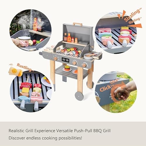 Leeshyah Wooden Kids Grill Playset – Realistic Play Barbecue Set with Grilling Tools and Foods – Pretend Grill Toy for Kids Ages 3+ thumbnail 4