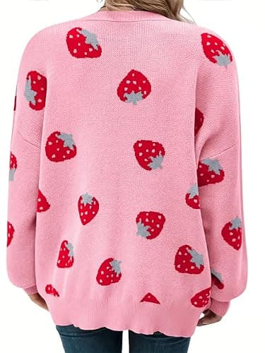 SECRETEYARD Women's Plus Size Strawberry Floral Print Long Sleeve Open Front Knit Cardigan Sweater thumbnail 5