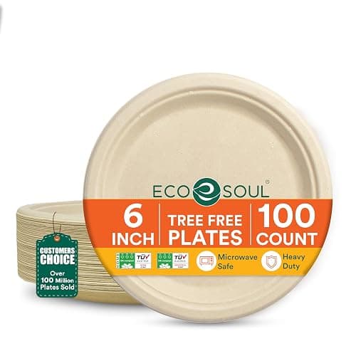 ECO SOUL Compostable Paper Plates 6 Inch, 100 Pack – Small Disposable Dessert Plates, Heavy Duty, Natural Bagasse, Leak Resistant, Microwave Safe, Eco-Friendly Round Appetizer Plates for Party & BBQ - Image 1