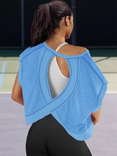 Panadila Womens Open Back Workout Top Oversized Workout T Shirts Backless Athletic Shirt Short Sleeve Baby Tee thumbnail 3