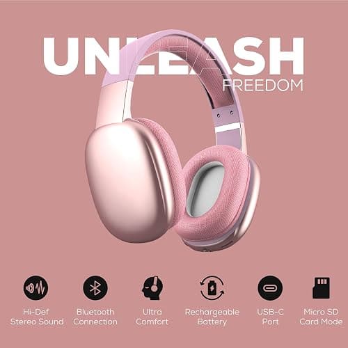 Gabba Goods Wireless Over Ear Bluetooth Headphones with Microphone - Wireless Headset -Noise Reduction - Bluetooth, Wired,Built in Micro SD for Travel, Home, Work TV,PC,Gaming,Cellphone (Pink) - Pink - one size fits all thumbnail 3