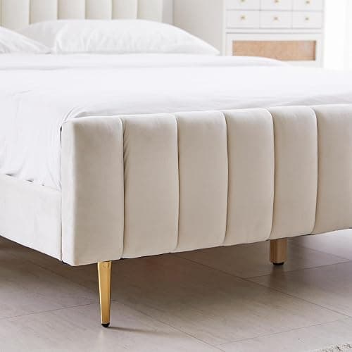 Livinia Queen Size Elton Velvet Platform Bed, Upholstered Bed Frame with Vertical Channel Tufted Headboard Footboard, Strong Wood Slats, No Box Spring Needed, Ivory (Queen) thumbnail 6