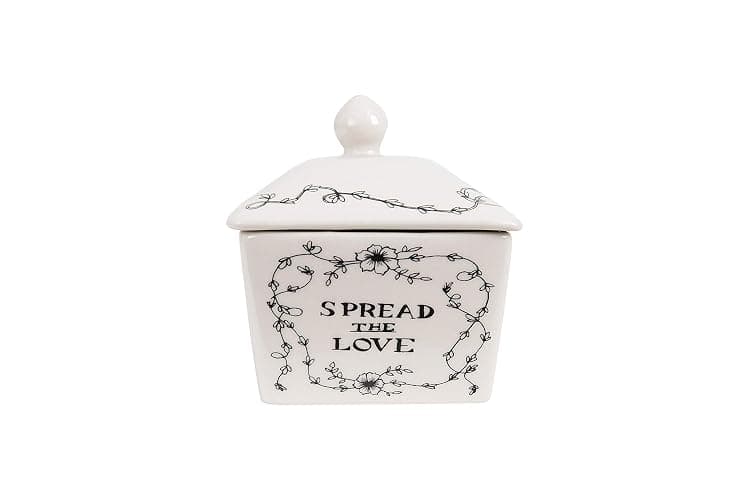 Creative Co-Op Country Stoneware Butter Dish with Lid, "Spread the Love" Message, and Farm Line Drawing, White and Black, Food, Microwave, and Dishwasher Safe thumbnail 5