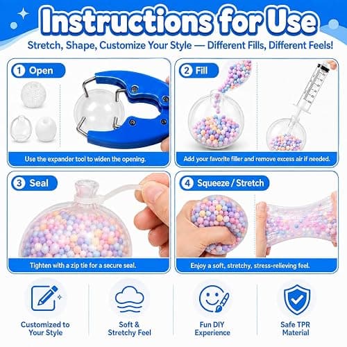 FOOGWEE Empty Stress Ball Skins Refill Kit, 15 Pcs 6cm Empty Squishy Ball Skins with Expander Tool, Air Removal Syringe and 20 Zip Ties, Clear, Milky White and Textured Skins thumbnail 4
