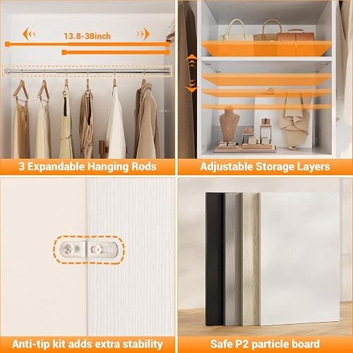 Homieasy 96 Inches Closet Organizer System, 8FT Customizable Walk In Closet Organizer with Hanging Rods, 3 Drawers Garment Rack with Leather Handle , 96" L x 16" W x 75" H, Max Load 1000 LBS, White thumbnail 6