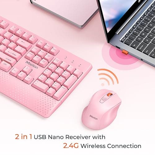 MEETION Wireless Keyboard and Mouse, Full-Sized Cordless Keyboard with Wrist Rest, 3 DPI Adjustable Mouse, Keyboard and Mouse Set with 2.4GHz USB Receiver, for PC/Computer/Laptop/Windows/Mac, Pink thumbnail 2