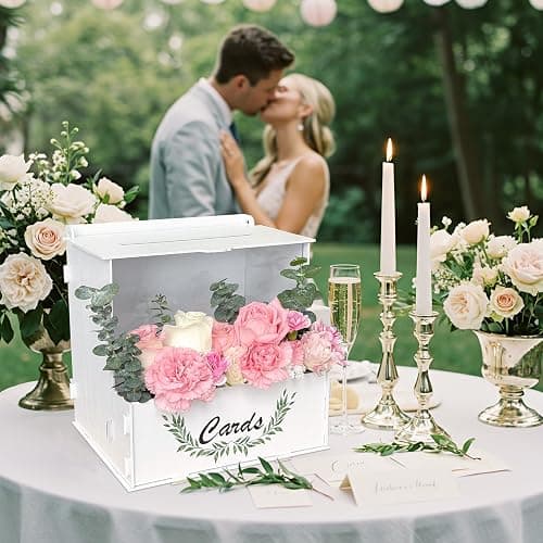 OurWarm Wooden Wedding Card Box with Flower Trough, White Gift Card Box for Wedding with Acrylic Board, Weddings Cards Boxes for Reception Graduation Birthday Party Bridal Baby Shower Decorations thumbnail 7