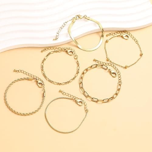 Wgoud Waterproof Gold Bracelets for Women Trendy, Dainty 14K Real Gold Plated Fashion Stackable Bracelet Sets for Women Thin Cuban Link Paperclip Chain Bracelets Layered Gold Jewelry Sets Gifts for Womens thumbnail 5