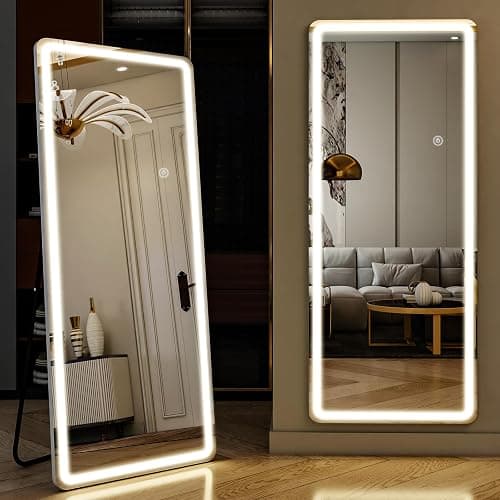 ZENOMIRRIS LED Full Length Mirror with Lights - 71"x26"Floor Standing Mirror with Rounded Corner Dimmable 3 Color Lighting, Aluminum Frame,Leaning Hanging for Bedroom Cloakroom, White thumbnail 2