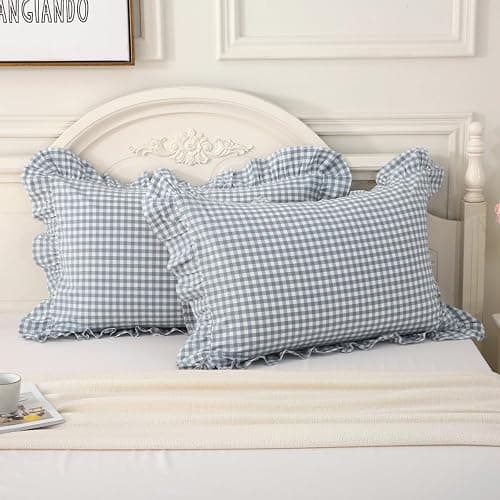 Silnuo Light Blue Plaid Ruffle Pillow Shams Queen Size Set of 2,Washed Cotton Shabby Checkered Gingham Pillow Covers 20x30 Inches thumbnail 2