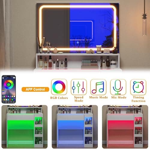 HuaYing Makeup Vanity Desk with Mirror and Lights, LED Tempered Glass Top, 3 Lighting Modes Brightness Adjustable,Power Outlet,Bedroom Dressing Table, Snow White thumbnail 4