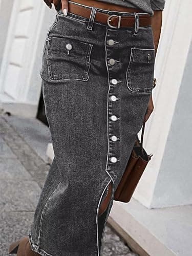 Flamingals Denim Skirt for Women Midi Skirts High Waist Vintage Button Front Stretch Long Jean Skirt Fall Fashion thumbnail 4