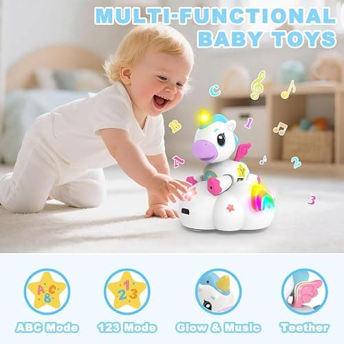 Musical Unicorn Toys for 6 to 12 Months - Baby Crawling Toy with Light-up for 1+ Year Old Girl Boy,Infant Tummy Time Sensory Development Toys with ABC/123 Modes,Birthday Gift 1 Year Old Boys & Girls thumbnail 6