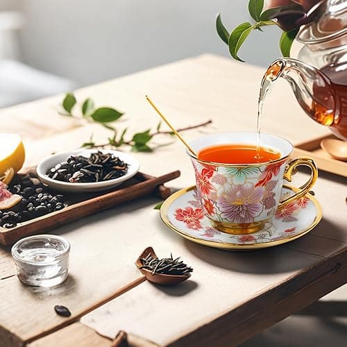 Tea Cups and Saucers Set of 6, 8 OZ Ceramic Tea Cups with Saucers Vintage Floral Tea Cup Set for Cappuccino, Macchiato, Afternoon Tea Birthday Party Supply Thanksgiving Day Halloween gifts thumbnail 3