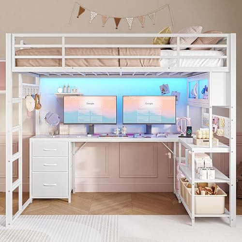 ADORNEVE Loft Bed Twin Size with L-Shaped Desk, Storage Drawers & RGB Arcylic Hutch, Expanded Safety Power Outlet, Metal LED Loft Bed Frame with Wide Ladder, for Teen Girls, White thumbnail 9