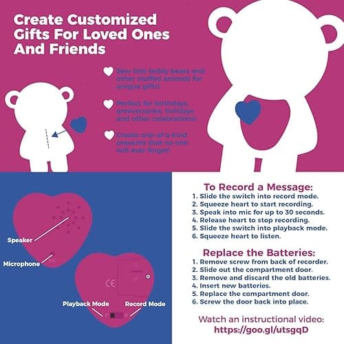 1 Pack, Inventiv 60 Second Voice Sound Recorder Module for Plush Toy, Stuffed Teddy Bear Animal Recordable Heart, Record Custom Messages (Red) - Red - 1pack thumbnail 5