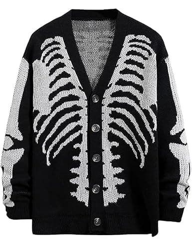 Arssm Men Skeleton Cardigan Sweater Oversized Fall Graphic Long Sleeve Knit Y2K Button Down V Neck Sweater Outwear - Image 1