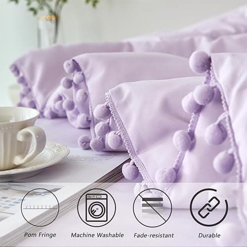 PERFEMET 5 Pieces Lavender Purple Comforter Set Twin Aesthetic Boho Solid Bed Comforter Sheet Set with Pompoms Soft Microfiber Light Purple Bed in A Bag for Girls Kids(Lavender, Twin) thumbnail 4
