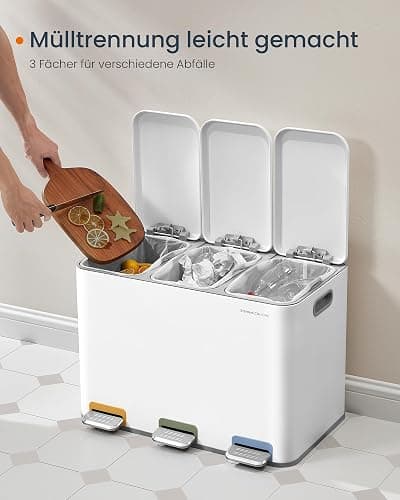 SONGMICS HOME Mülleimer Küche, 3 x 15 L Fächer, Abfalleimer mit farbcodierbaren Pedalen, Mülltrennsystem, mit Deckeln und Inneneimern, Stahl, wolkenweiß LTB740W02V1 thumbnail 3