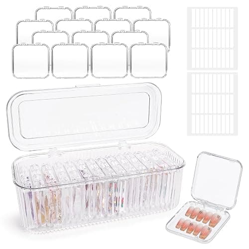 INMORVEN Nagel Aufbewahrungsbox Set – 14 Klare Press On Nail Boxen + 1 Große Box & 60 Klebepads – Ideal für Fake Nails, Gelnägel Zubehör & Nagellack Aufbewahrung (14 Stück Einzige Schicht) - Image 1