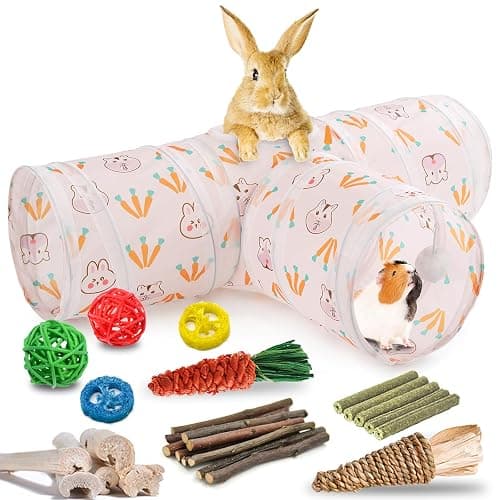 HERCOCCI Rabbit Toys, Bunny Tunnels & Tubes, Collapsible 3 Way Rabbit Hideout Tunnel with Chew Toys for Bunny Guinea Pig Ferret Kitten - Image 1
