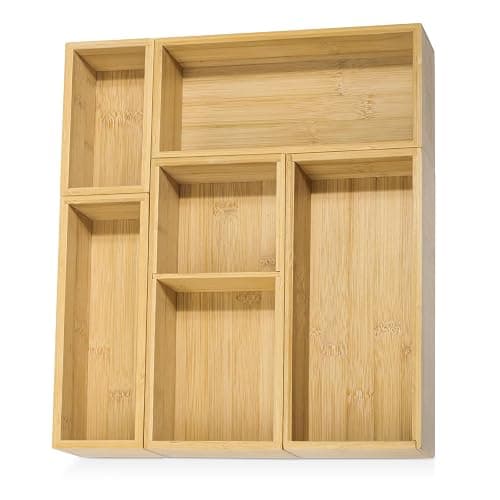 JPPSUJJ 5 Pack Bamboo Drawer Organizer Set, Multi-Use Junk Drawer Organizer for Bathroom, Kitchen, Office, Jewelry, Makeup - Image 1