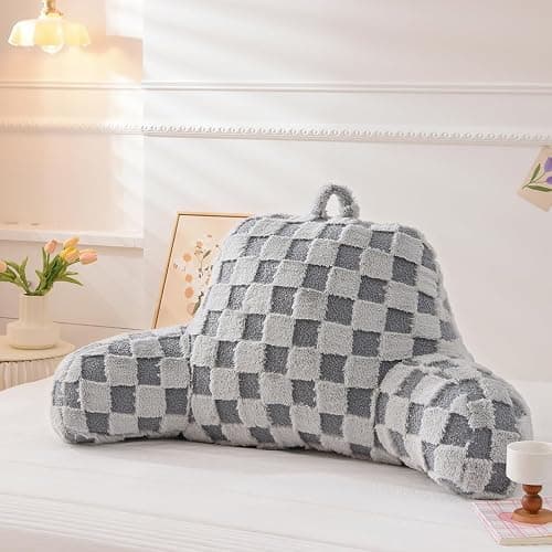 Holawakaka Checkered Reading Pillow with Arms, Adults Backrest Reading & Rest Pillows for Sitting Up in Bed, Bed Rest, Lounging, Working, Arms Back Support Cushion for Men Women Teens, Light Grey - Image 1