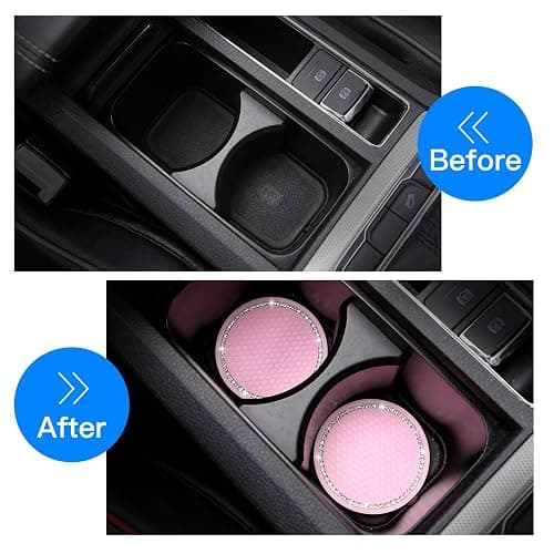 2 Pack Bling Cup Holder Insert Coasters, 2.75 Inch Soft Crystal Rhinestone Rubber Pad Set Round Auto Drink Coaster Car Interior Accessories (Pink) thumbnail 2