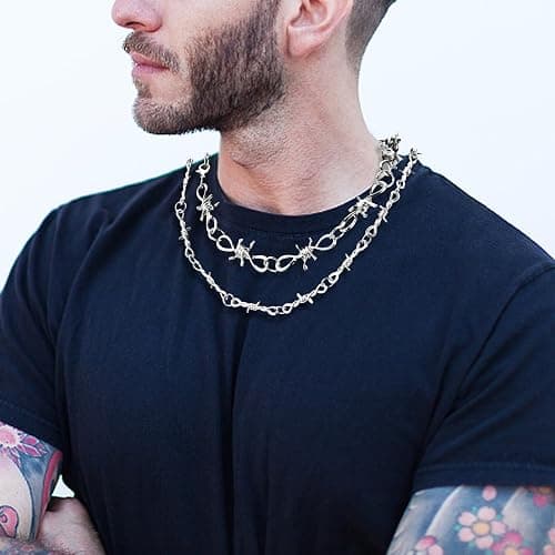 KESOCORAY Punk Gothic Thorns Metal Barbed Wire Chain Necklace Bracelet Silver Jewelry for Men Women thumbnail 3