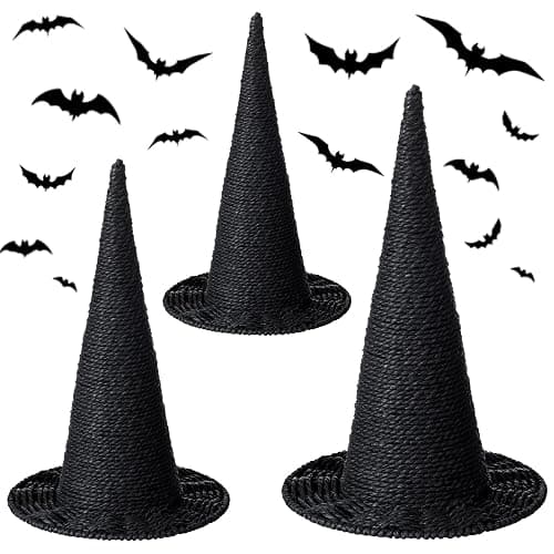 Beeveer 3 Pcs Halloween Rattan Witch Hat Decor, 14/12.2/10.2 Inch Handcrafted Black Rope Wizard Hats, 3D Rustic Farmhouse Spooky Decorations for Home Fireplace Door Table thumbnail 8