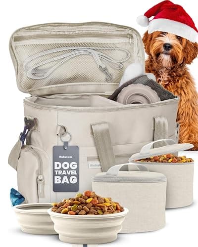 The Original Doggy Bag™- Dog Travel Bag for Supplies - Ultimate Gift for Dog Moms & Dads, Doggy Lovers & Pet Owners for Christmas- Includes 2 BPA-Free Travel Bowls and 2 Food Containers: Beige - Image 1