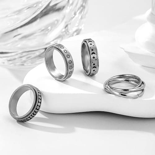 4 Pcs Fidget Anxiety Rings for Women Men Stainless Steel Fidget Spinner Moon Star Celtic Stress Relieving Spinning Wedding Band Rings Set Trendy and Stylish Jewelry thumbnail 3