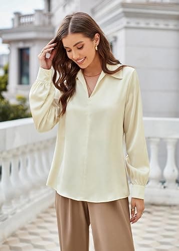 GRACE KARIN Women's Satin Silk Blouse Lapel V Neck Long Sleeve Casual Work Blouse Shirts Pullover Tops - Apricot - XX-Large thumbnail 5