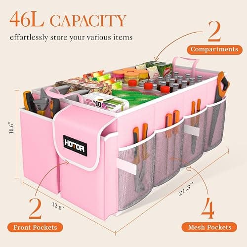 HOTOR Foldable Trunk Organizer for SUVs & Sedans, Pink, 2 Compartments, 21.3"12.6"10.6 thumbnail 2