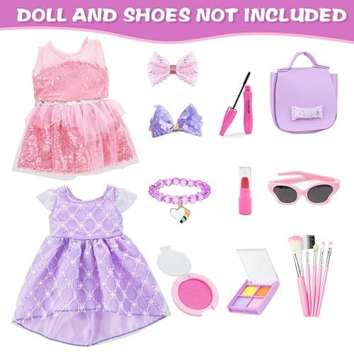 VAWMJOT 18 Inch American Doll Accessories, 2 Sets Pink and Purple Dresser Sunglasses Handbag Lipstick Hair Clip Eye Shadow Foundation Make-up Bracelet Cosmetic Brush American Doll Clothes Set thumbnail 4