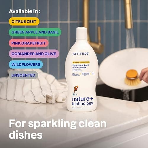 ATTITUDE Dish Soap, EWG Verified, Plant-Based & Vegan Dishwashing Liquid, Naturally Derived, Green Apple and Basil Scent, 23.7 Fl Oz thumbnail 2