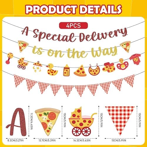 NOVBAUB Pizza Baby Shower Decorations Special Delivery is On The Way Banner | 4PCS Pizza Special Delivery Baby Shower Garland, Pre-Assembly, Gender Reveal Party Supplies, Fast Food Theme thumbnail 3