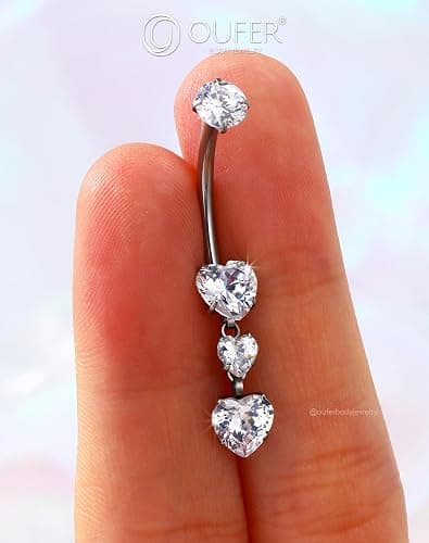 OUFER Titanium Belly Button Rings, Heart Belly Rings Dangling, Internally Threaded Belly Button Piercings, Long Dangle Navel Piercing Jewelry, Belly Rings for Women thumbnail 4